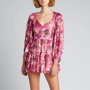 LoveShackFancy Willis V-Neck Metallic Gold Pink Mini Dress Balloon Sleeve Size 2